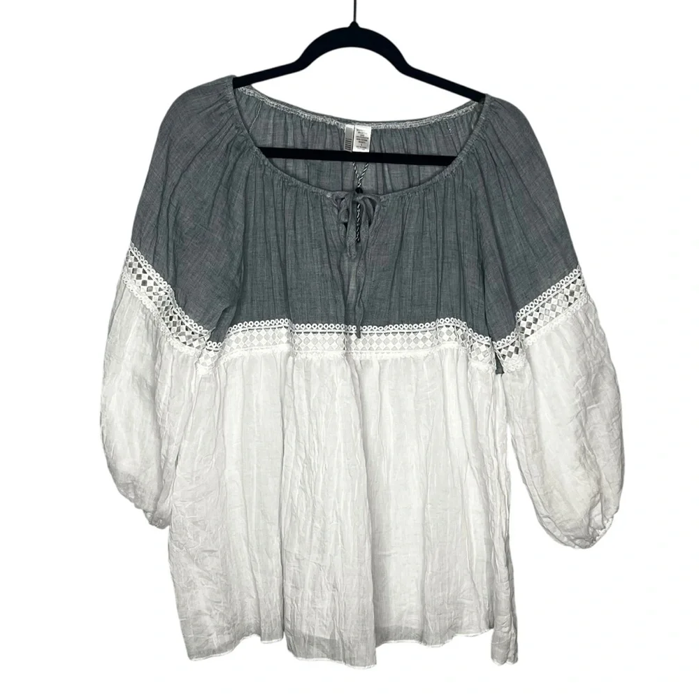 Kaktus NEW Blue White Chambray Boho Peasant Lace Tie Top 3/4 Balloon Sleeve L